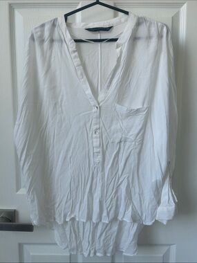 Zara White Long Sleeve V-Neck Blouse